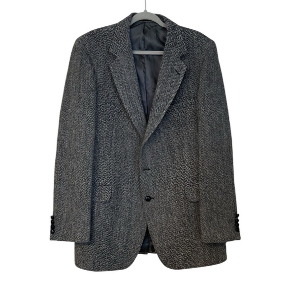 Harris Tweed Blazer Navy Herringbone Long Sleeve Fully Lined Size Tag Missing - Picture 1 of 11
